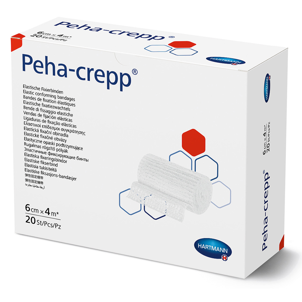 Peha-crepp S Fixierbinde, 6 cm x 4 m, 20 Stück, Paul Hartmann AG, superelastische Binde zur Fixierung von Verbänden an Gelenken, konischen und runden Körperteilen, geeignet für empfindliche Haut, dehnbar bis ca. 160 %