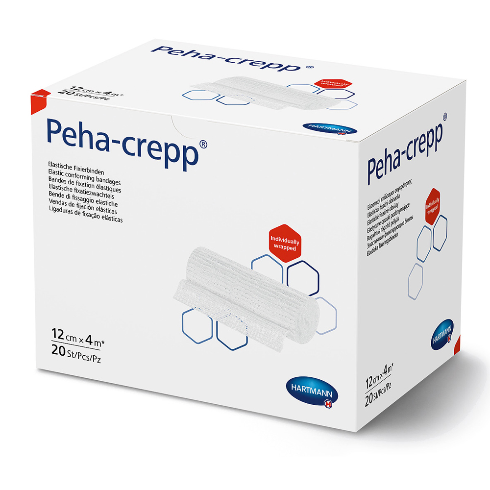 Peha-crepp S Fixierbinde, 12 cm x 4 m, 12 Stück, Paul Hartmann AG, superelastische Binde zur Fixierung von Verbänden an Gelenken, konischen und runden Körperteilen, geeignet für empfindliche Haut, dehnbar bis ca. 160 %