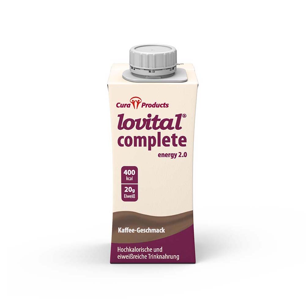 Cura Lovital Complete 2.0 HP hochkalorische Trinknahrung von Cura, 2 kcal/ml, in der Geschmacksrichtung Kaffee, 24 x 200 ml, geeignet zum Diätmanagement bei drohender oder bestehender Mangelernährung sowie Störungen der Nahrungsaufnahme