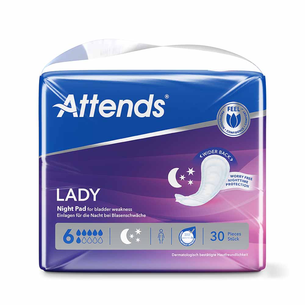 ATTENDS Lady Night Pad 6 Einlagen für mittlere bis starke Blasenschwäche in der Nacht, 1 x 30 Stück – extra saugfähig, hinten breiter, anatomisch geformt, atmungsaktiv, hypoallergen und hautfreundlich