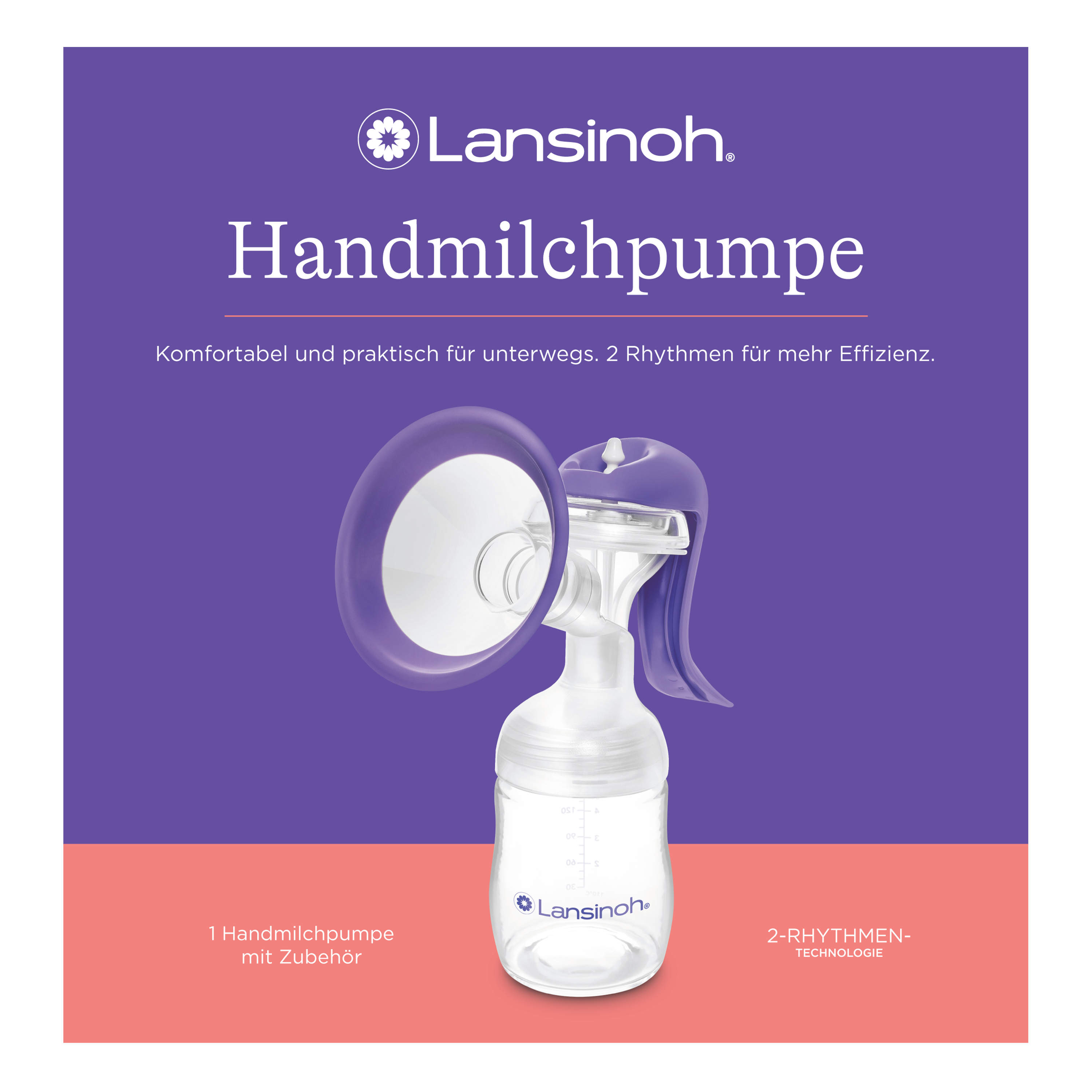 Lansinoh Handmilchpumpe mit Flasche, weiß mit lila Details, ergonomischer Griff und 2-Rhythmen-Technologie für komfortables und effizientes Abpumpen
