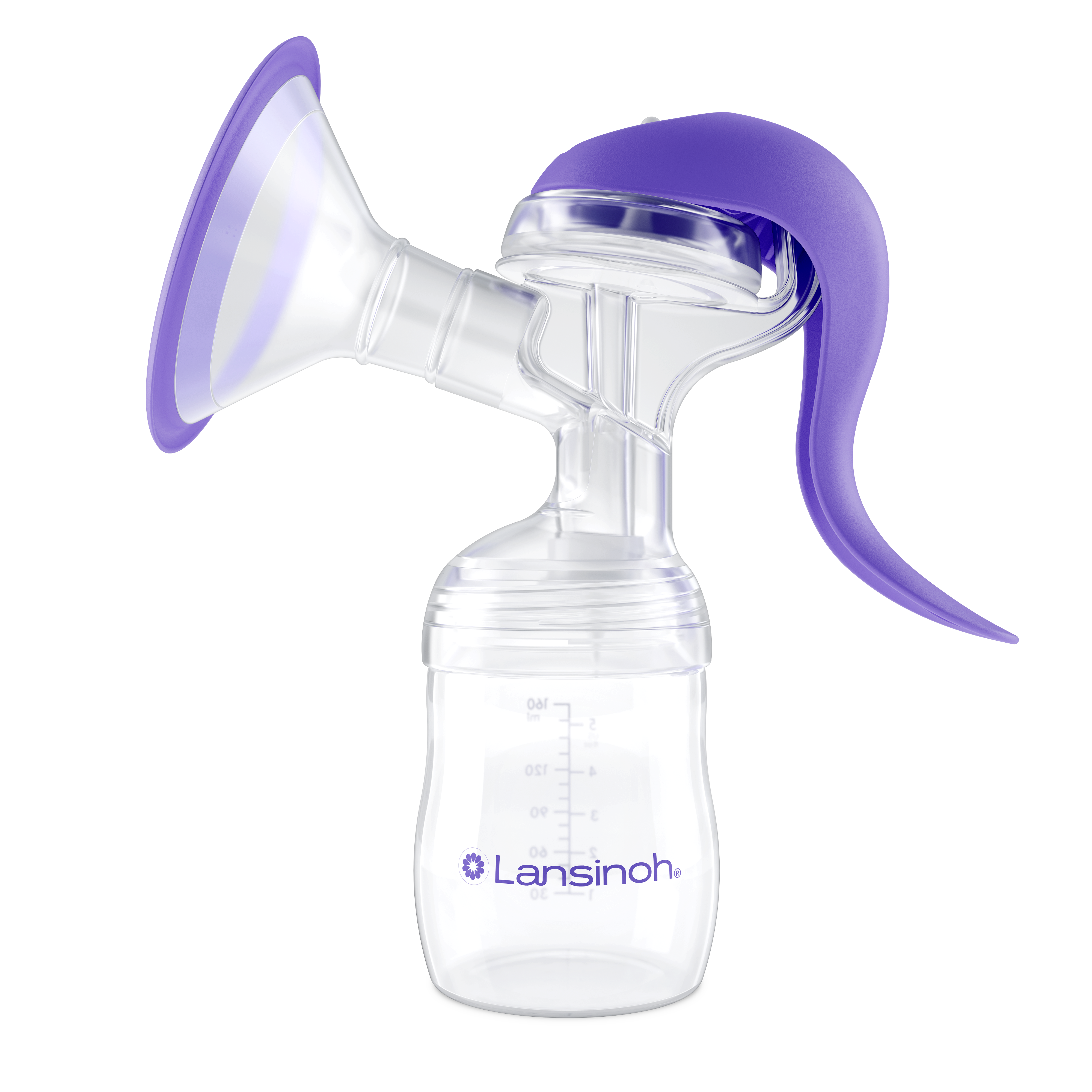 Lansinoh Handmilchpumpe mit Flasche, weiß mit lila Details, ergonomischer Griff und 2-Rhythmen-Technologie für komfortables und effizientes Abpumpen