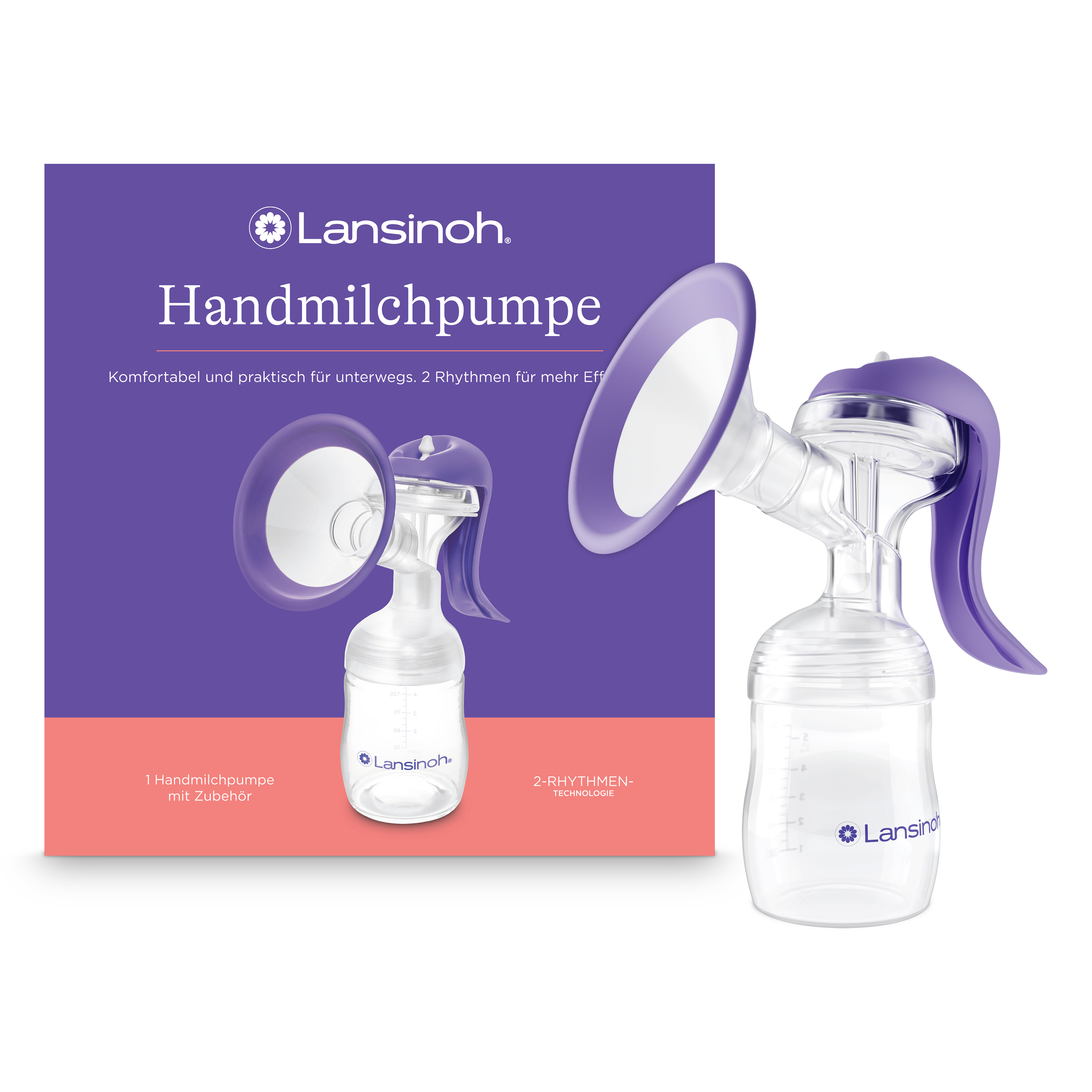 Lansinoh Handmilchpumpe mit Flasche, weiß mit lila Details, ergonomischer Griff und 2-Rhythmen-Technologie für komfortables und effizientes Abpumpen