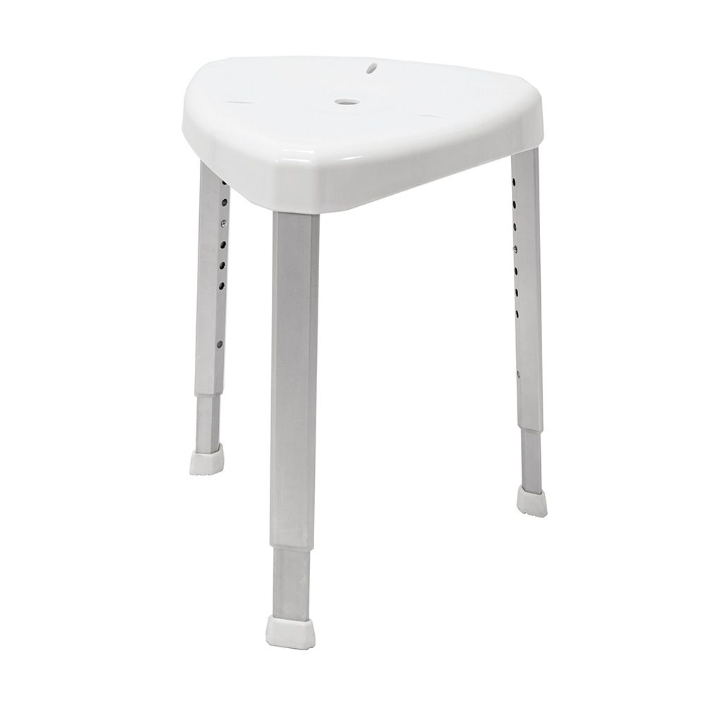 Duschhocker Delta 150 von Drive Medical, weiß, dreieckige Form, platzsparend, leicht und stabil, mit siebenfach höhenverstellbaren Teleskopbeinen