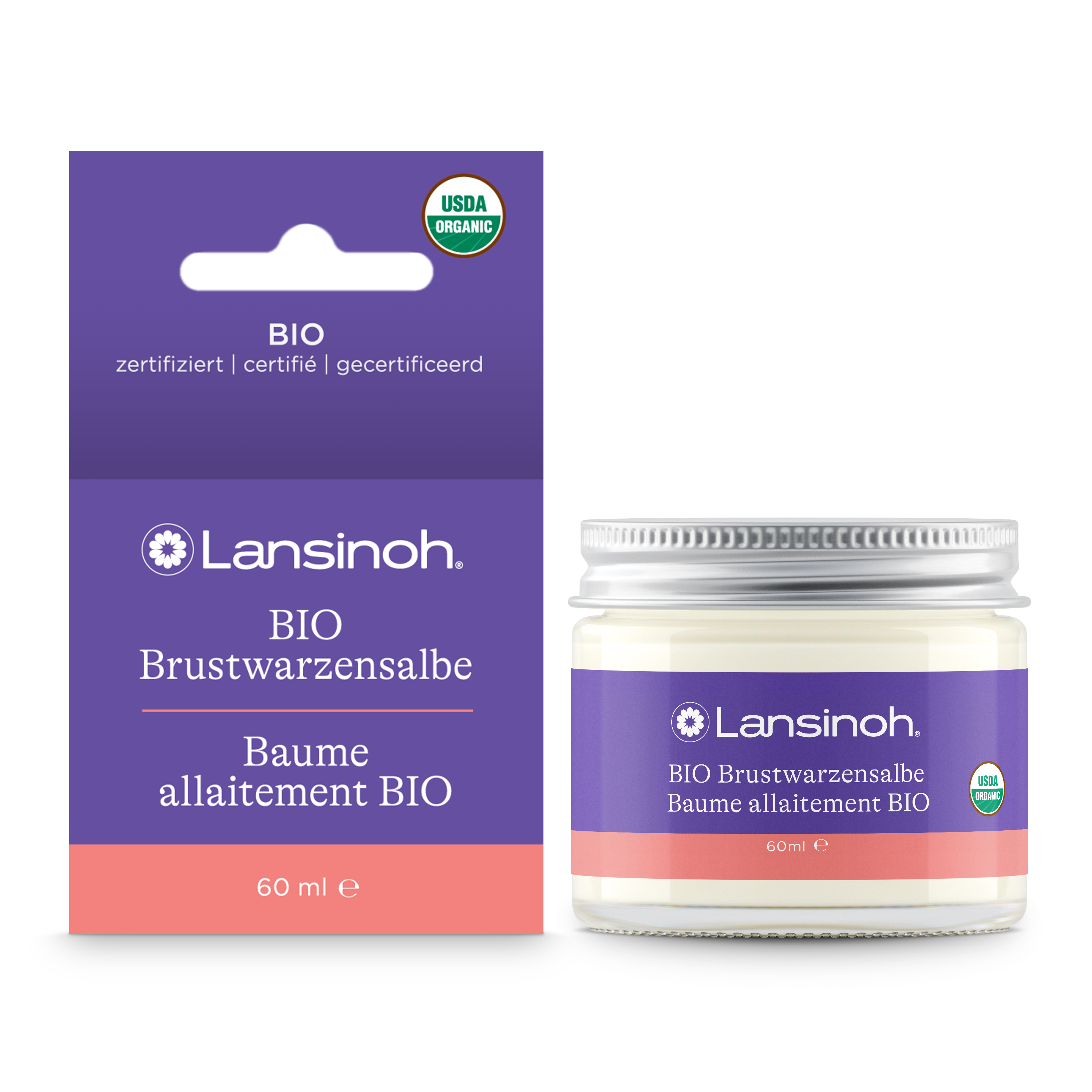 Lansinoh BIO Brustwarzensalbe, 60 ml, lila/rosa Verpackung, aus biozertifizierten Inhaltsstoffen, zur täglichen Pflege von empfindlichen Brustwarzen und trockener Haut, stellt Feuchtigkeitsbalance wieder her, auch während Schwangerschaft geeignet