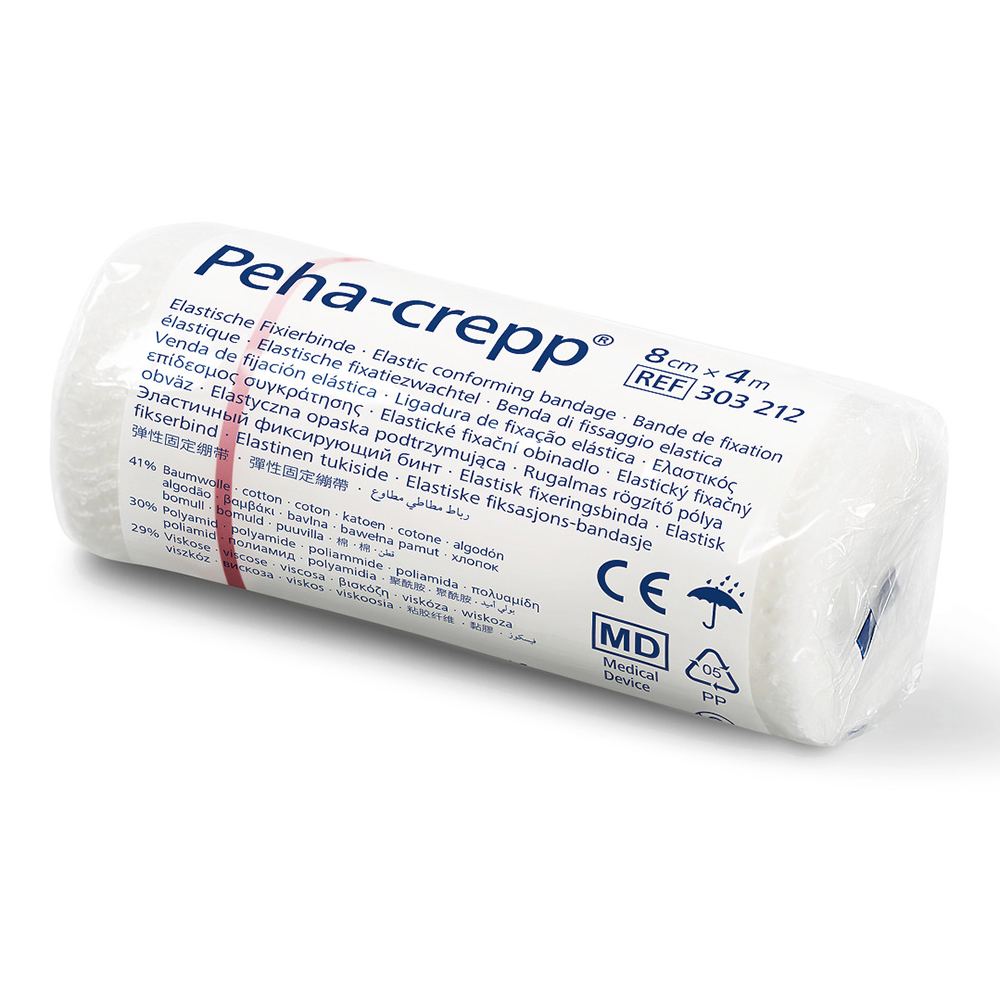 Peha-crepp Fixierbinde, 8 cm x 4 m, 1 Stück, Paul Hartmann AG, superelastische Binde zur Fixierung von Verbänden an Gelenken, konischen und runden Körperteilen, geeignet für empfindliche Haut