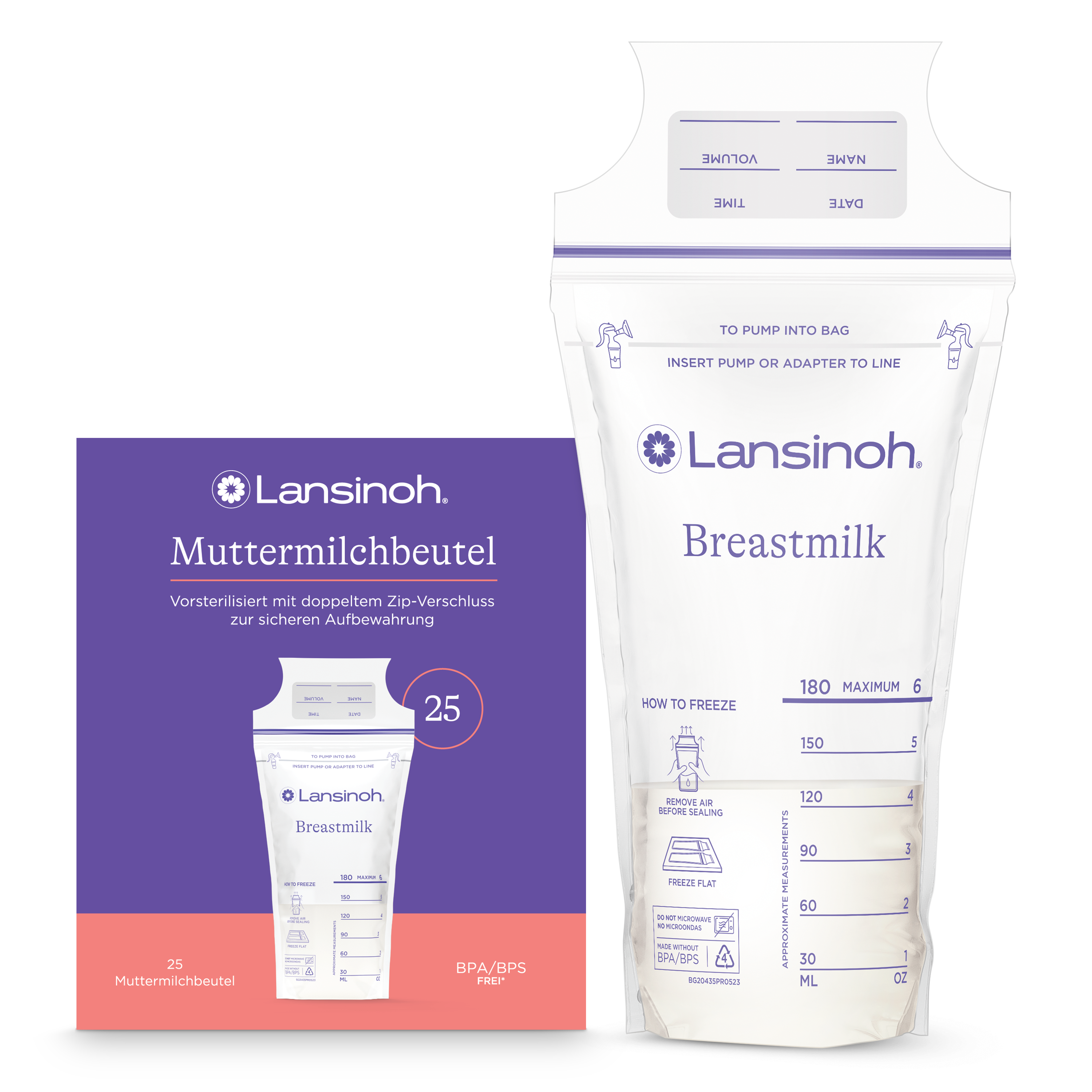 Lansinoh Muttermilchbeutel 25 Stück, durchsichtig mit lila Details, sichere und hygienische Aufbewahrung von Muttermilch, auslaufsicher dank Doppelversiegelung, stabil, flach für platzsparendes Einfrieren und schnelles Auftauen, ideal für stillende Mütter