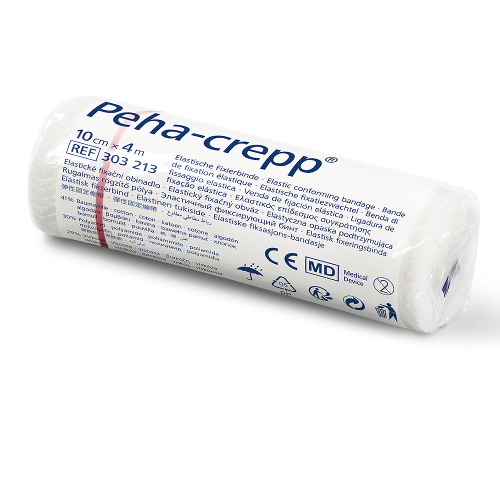 Peha-crepp Fixierbinde, 10 cm x 4 m, 1 Stück, Paul Hartmann AG, superelastische Binde zur Fixierung von Verbänden an Gelenken, konischen und runden Körperteilen, geeignet für empfindliche Haut