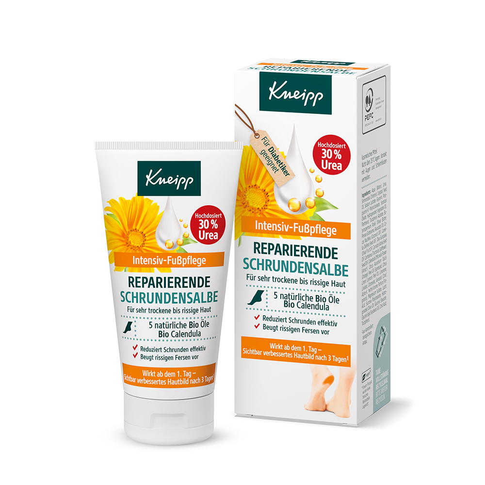 Kneipp Reparierende Schrundensalbe 30 % Urea 50 ml mit Bio-Ölen, Calendula, Avocado- und Sheabutter – spendet intensive Feuchtigkeit und reduziert rissige Fersen