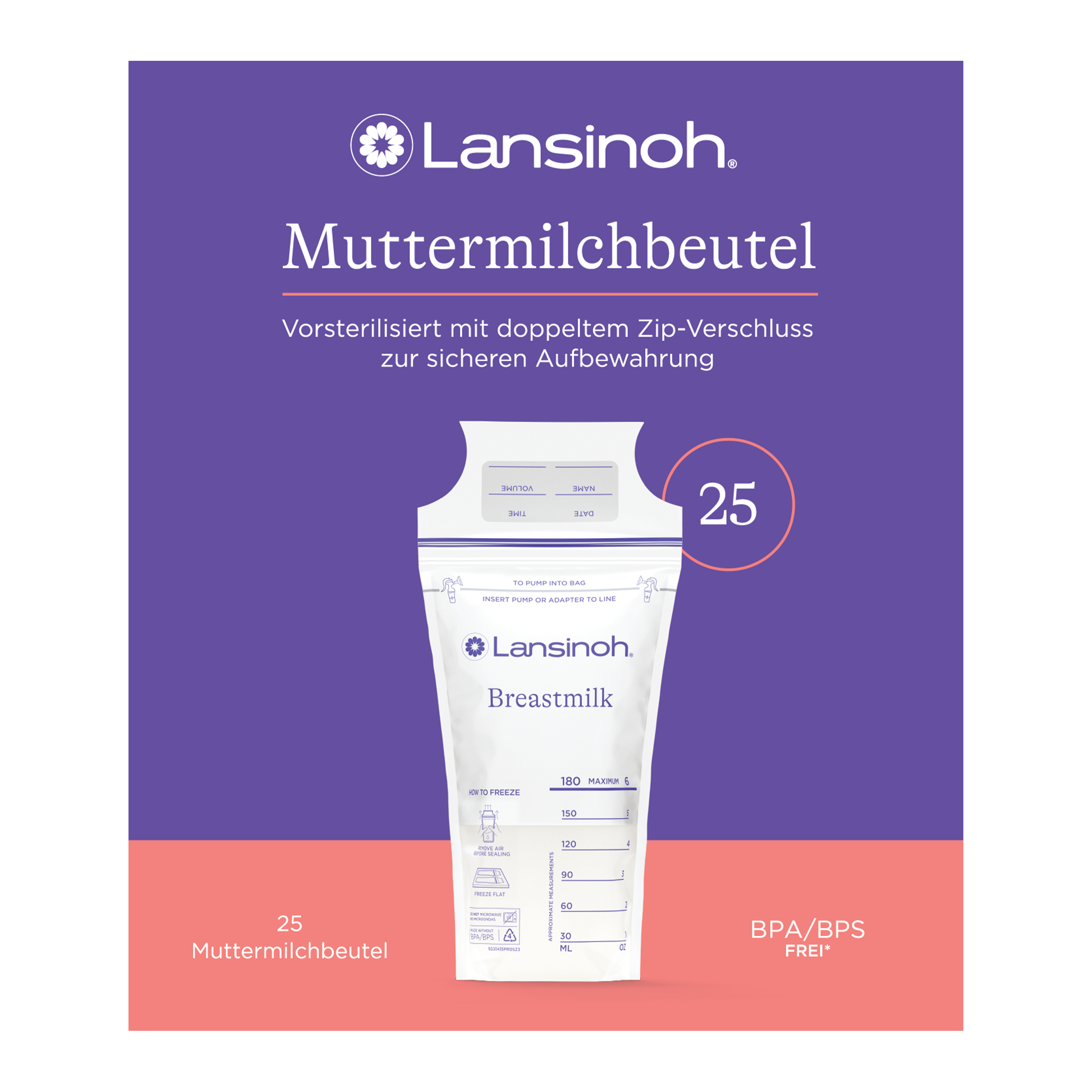 Lansinoh Muttermilchbeutel 25 Stück, durchsichtig mit lila Details, sichere und hygienische Aufbewahrung von Muttermilch, auslaufsicher dank Doppelversiegelung, stabil, flach für platzsparendes Einfrieren und schnelles Auftauen, ideal für stillende Mütter