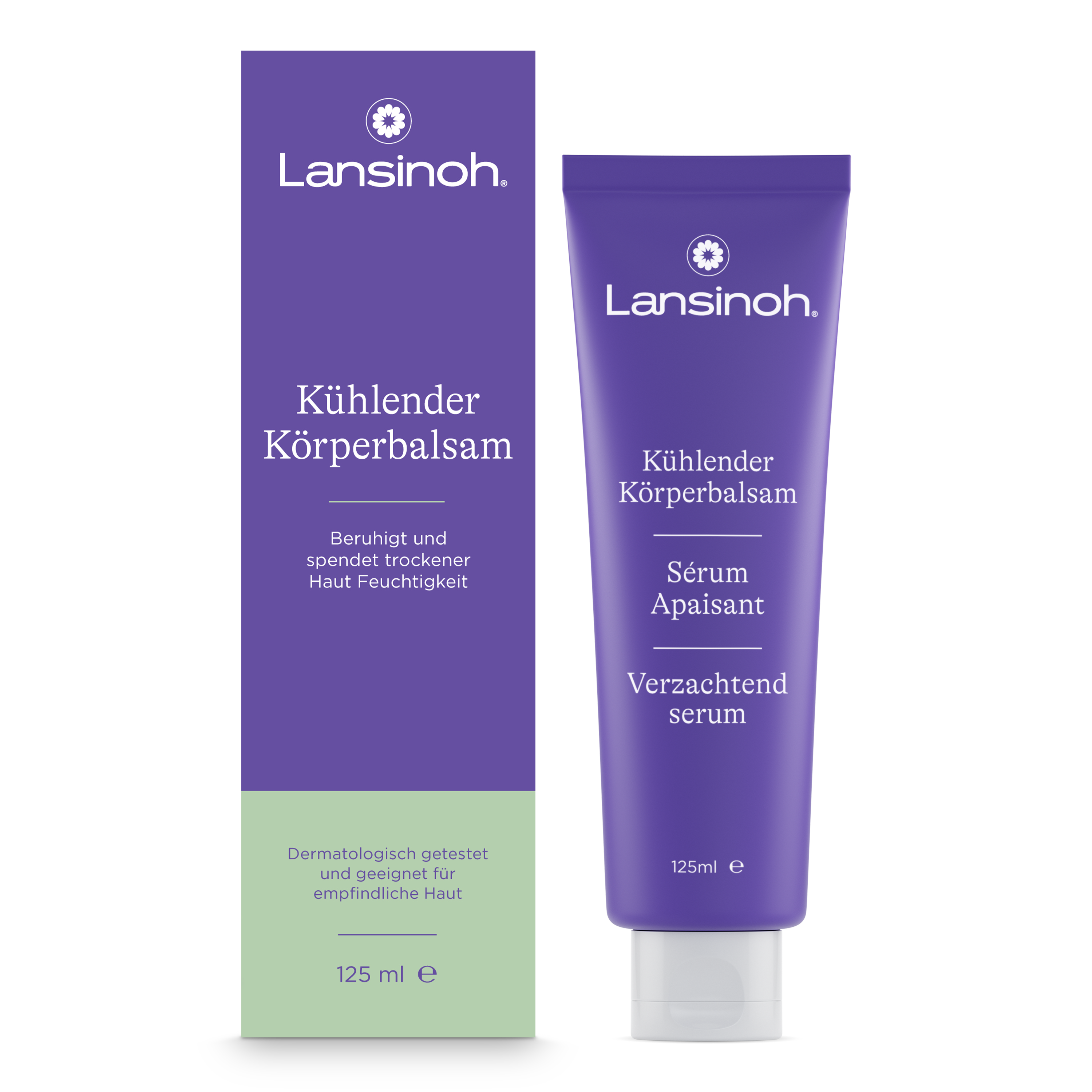 Lansinoh Kühlender Körperbalsam, lila Tube, 125 ml, mit Menthol für sofortige Kühlung und Beruhigung von spannender, zu Juckreiz neigender Haut, zieht schnell ein ohne Rückstände, ideal für tägliche Hautpflege