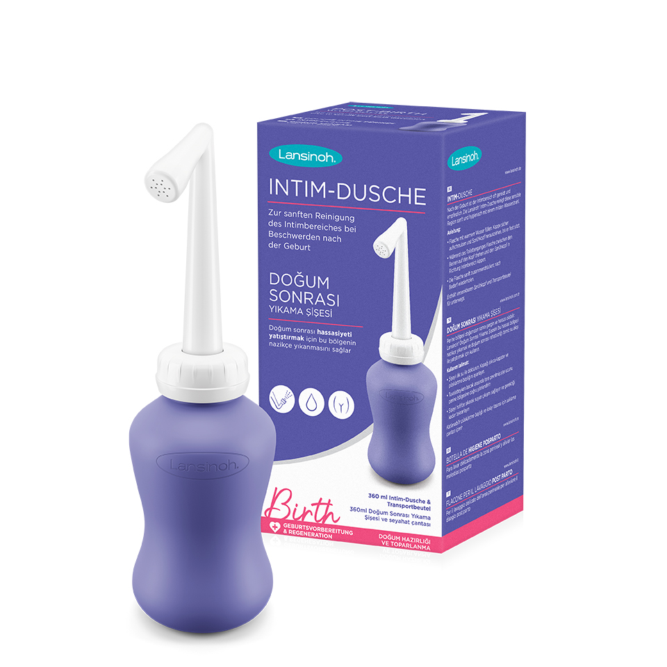 Intim-Dusche Lansinoh Intim-Dusche, lila-weiße Flasche mit flexiblem Sprühkopf, für sanfte und hygienische Reinigung des Intimbereichs nach der Geburt, ideal auch unterwegs