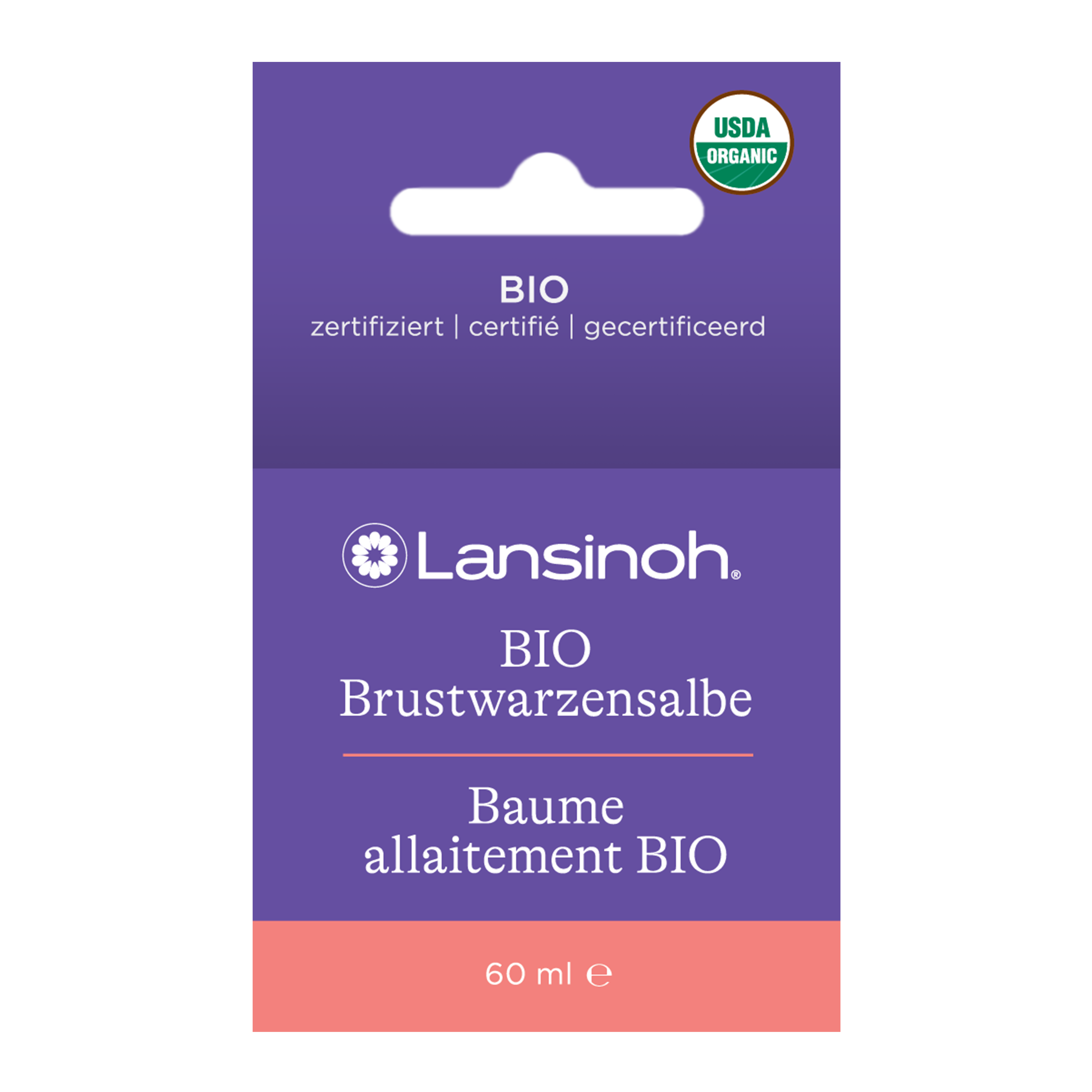 Lansinoh BIO Brustwarzensalbe, 60 ml, lila/rosa Verpackung, aus biozertifizierten Inhaltsstoffen, zur täglichen Pflege von empfindlichen Brustwarzen und trockener Haut, stellt Feuchtigkeitsbalance wieder her, auch während Schwangerschaft geeignet