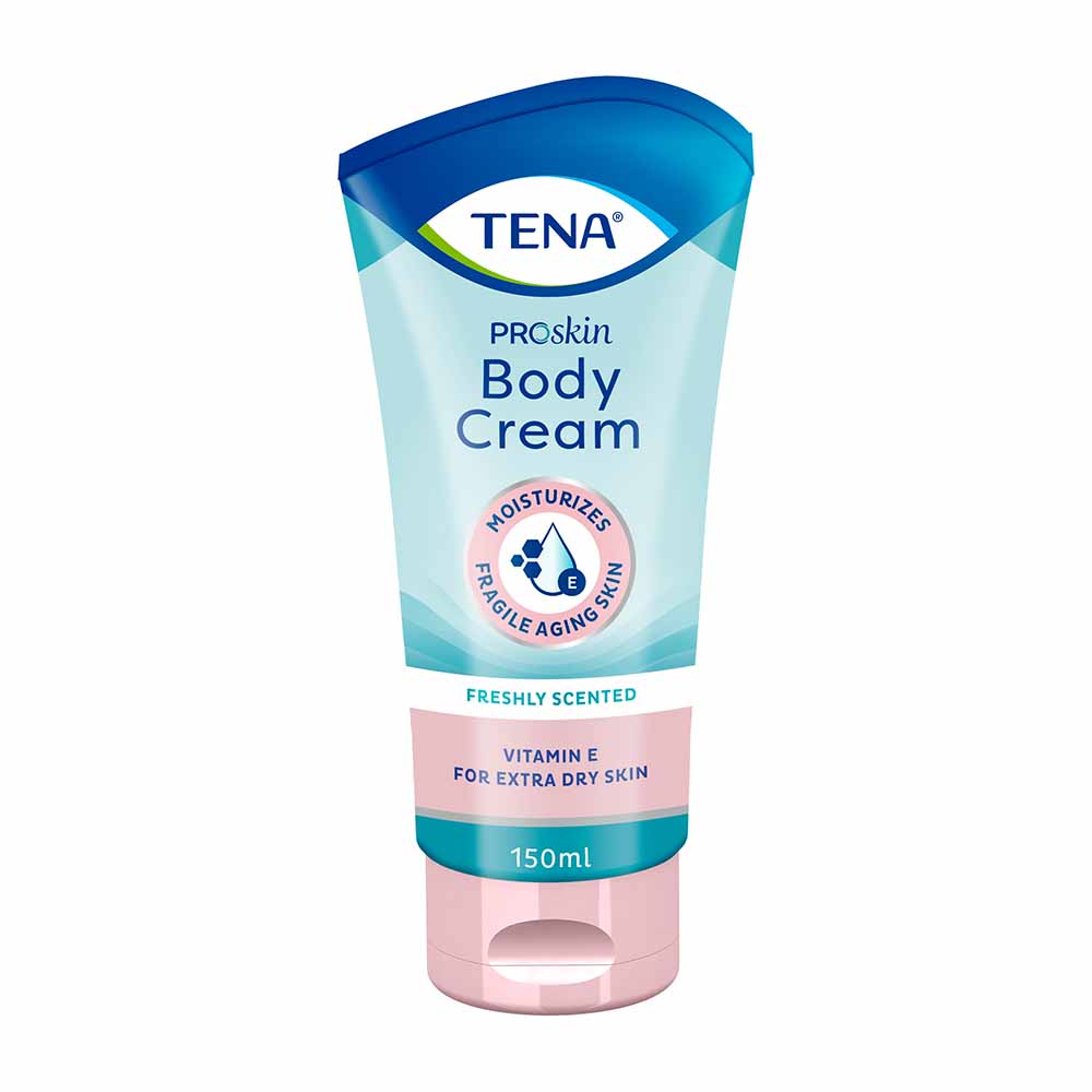TENA BODY Cream, 150 ml, feuchtigkeitsspendende Allzweckcreme für sehr trockene und empfindliche Haut, mit natürlichen Ölen und Vitamin E, macht die Haut weich und geschmeidig