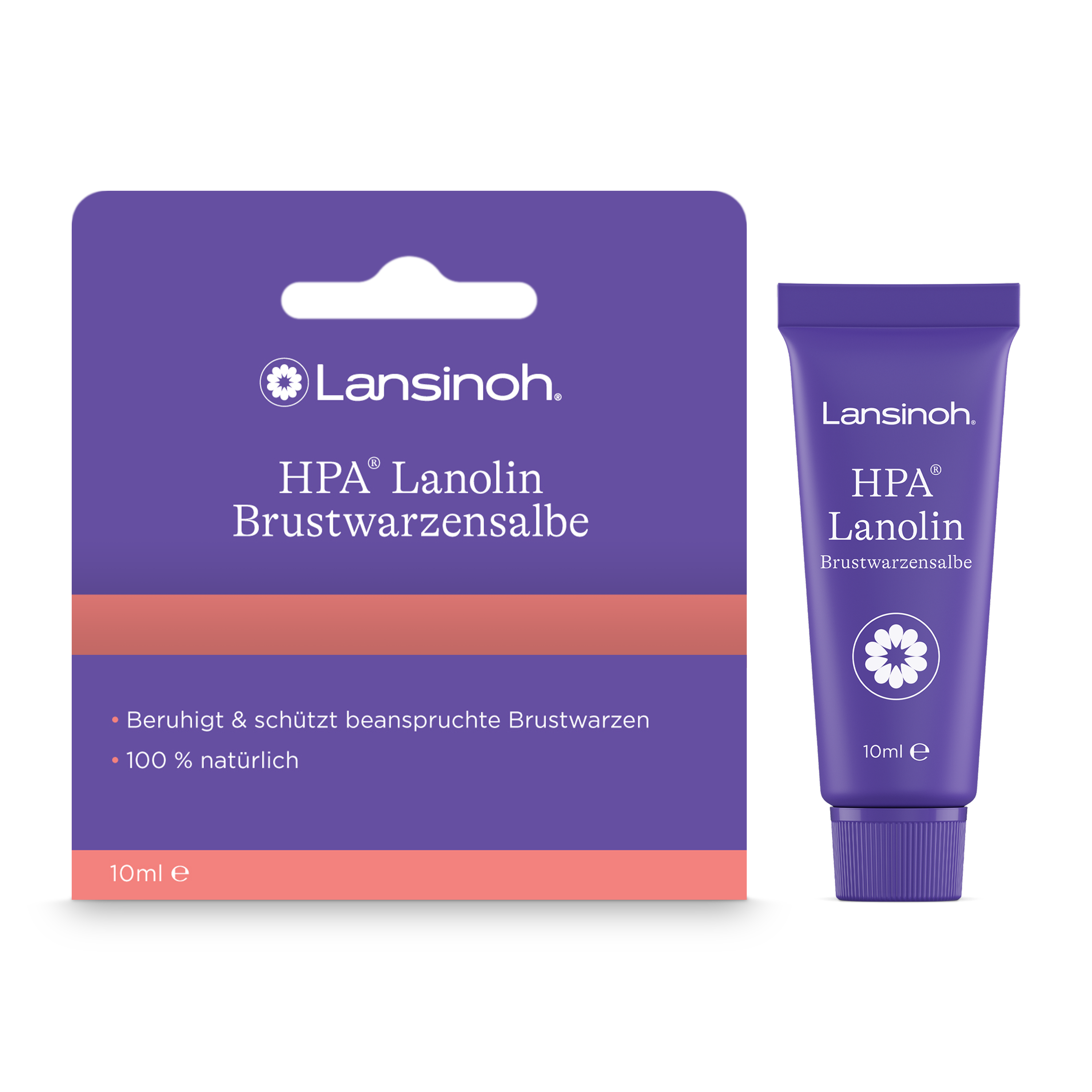Lansinoh HPA Lanolin Brustwarzensalbe 10 ml, weiß-lila Tube, 100 % reines Lanolin ohne Zusatzstoffe, beruhigt und pflegt wunde Brustwarzen in der Stillzeit, auch für trockene Lippen und Hautstellen geeignet