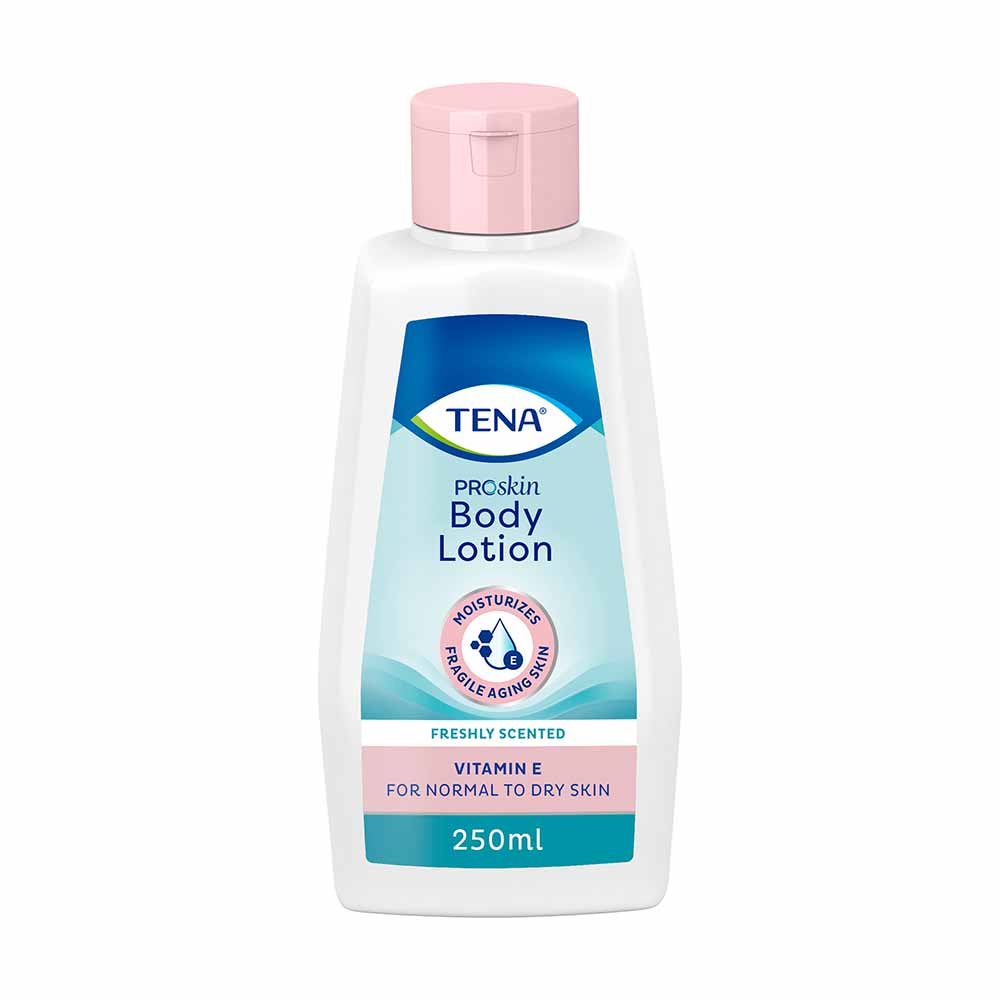 TENA BODY Lotion, 250 ml, leichte feuchtigkeitsspendende Lotion für normale und trockene Haut, mit natürlichen Ölen und Vitamin E, sorgt für ein glattes und geschmeidiges Hautgefühl